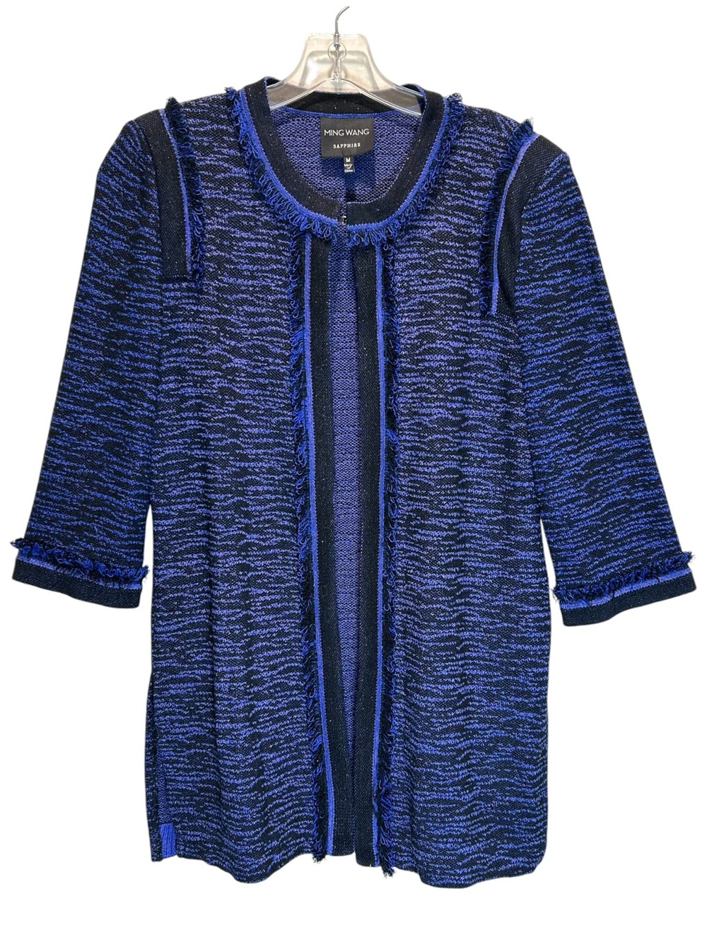 Ming Wang Sapphire Blue & Black Boucle Knit Cardigan, Fringe Trim - Medium